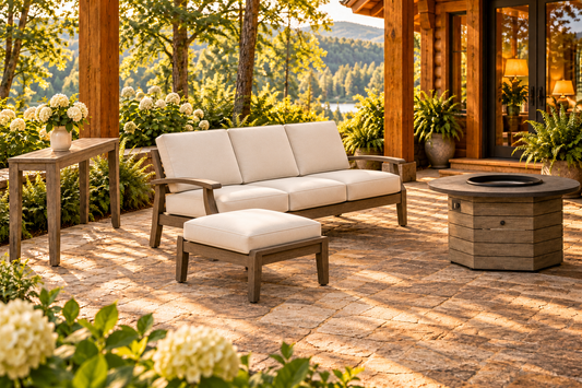 AI-styled Frontier cabin terrace grouping with angled sofa, console table, ottoman and 48-inch hexagonal fire table. Each product sold separately.