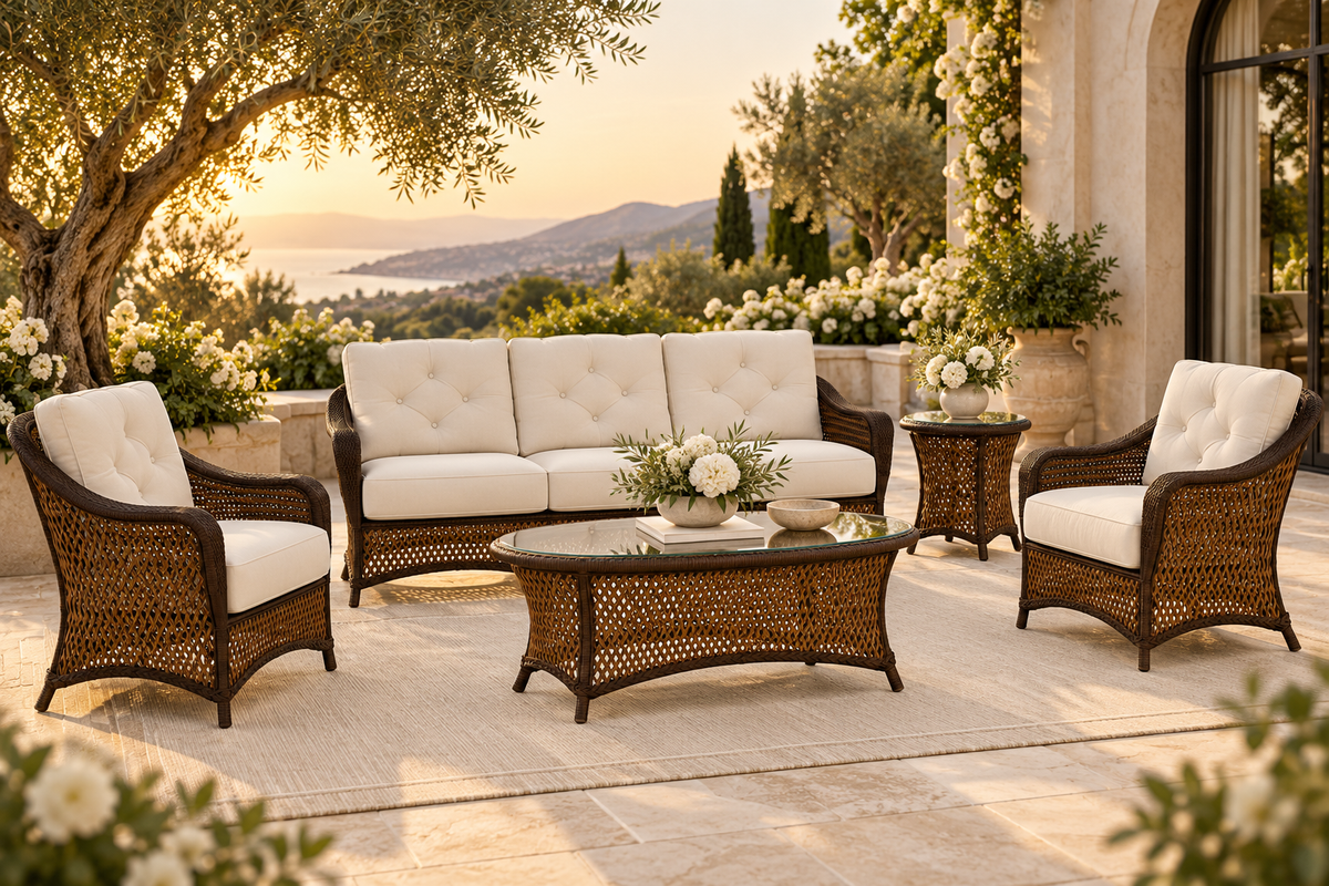 Lloyd Flanders Grand Traverse Sofa in a styled Grand Traverse conversation setting; Caramel weave and Canvas Natural cushions