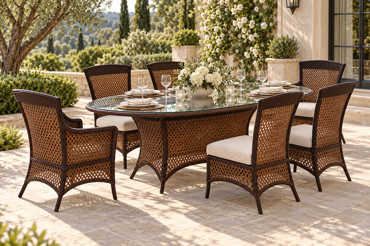 Lloyd Flanders Grand Traverse Armless Dining Chair in a styled Grand Traverse dining setting; Caramel weave and Canvas Natural cushions