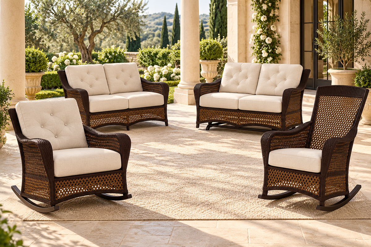 Lloyd Flanders Grand Traverse Loveseat Glider in a styled Grand Traverse veranda setting; Caramel weave and Canvas Natural cushions