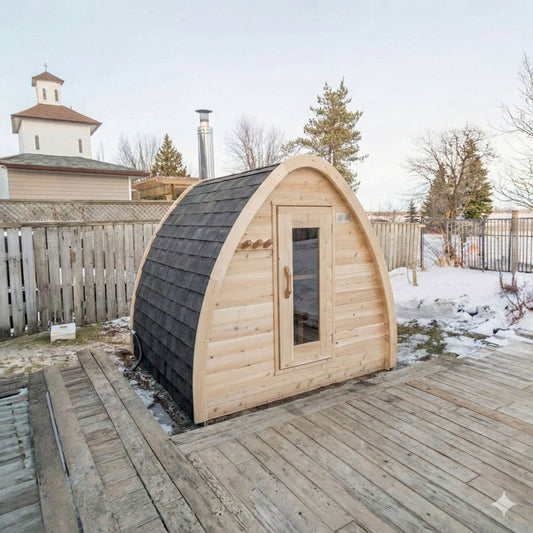 Leisurecraft Canadian Timber MiniPOD sauna — manufacturer photo 1; optional heater and accessories may be shown