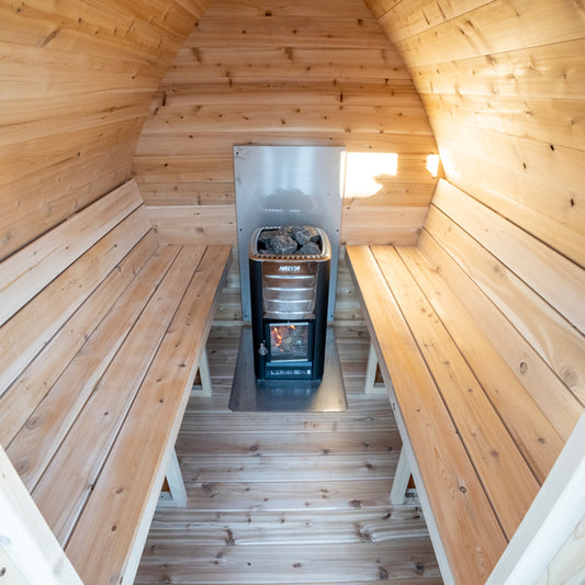 Leisurecraft Canadian Timber MiniPOD sauna — manufacturer photo 4; optional heater and accessories may be shown