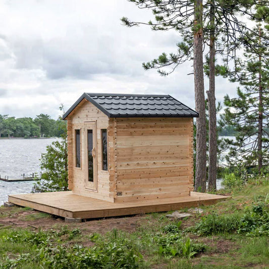 Leisurecraft Canadian Timber Georgian sauna — manufacturer photo 1; optional heater and accessories may be shown