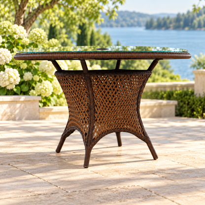 Lloyd Flanders Grand Traverse 48" Round Umbrella Dining Table on a lakeside garden terrace