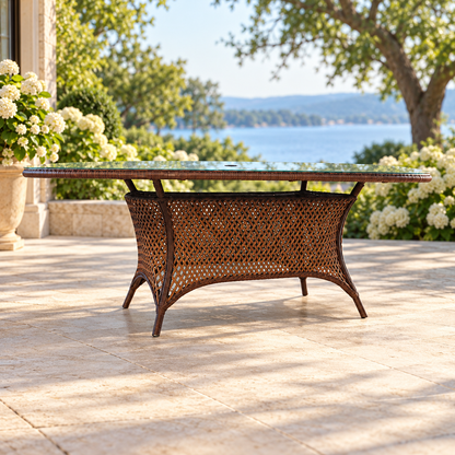 Lloyd Flanders Grand Traverse 84" Oval Umbrella Dining Table on a lakeside garden terrace