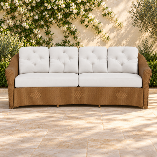 Lloyd Flanders Reflections Crescent Sofa in an elegant flowering garden patio setting