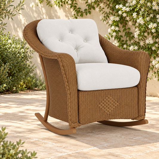 Lloyd Flanders Reflections Lounge Rocker in an elegant flowering garden patio setting