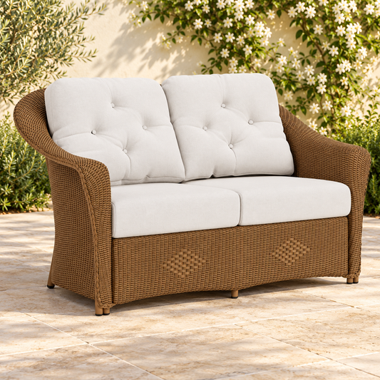 Lloyd Flanders Reflections Loveseat in an elegant flowering garden patio setting