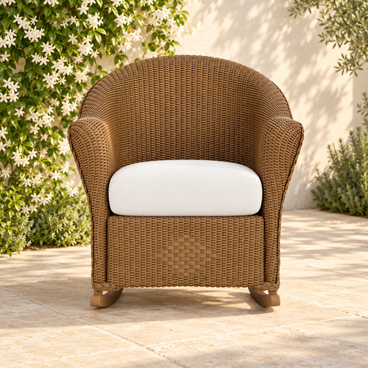 Lloyd Flanders Reflections Porch Rocker in an elegant flowering garden patio setting