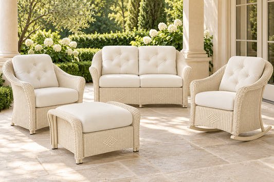 Lloyd Flanders Reflections Lounge Chair in an AI-styled garden setting; Linen finish and Canvas Natural cushions