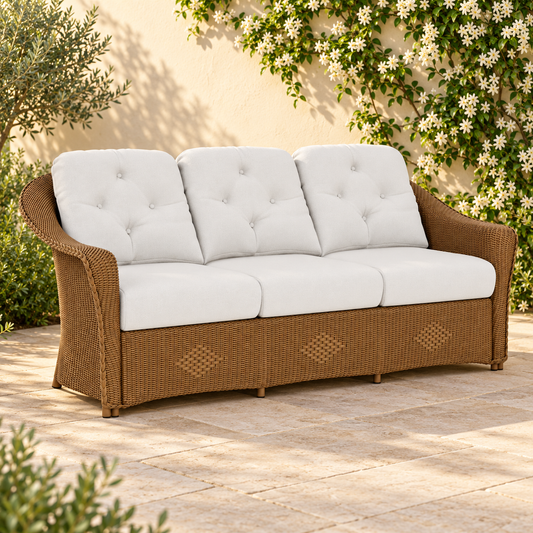 Lloyd Flanders Reflections Sofa in an elegant flowering garden patio setting