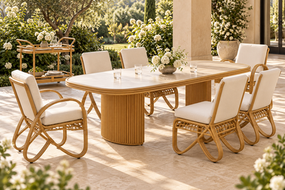 Lloyd Flanders Riviera Armless Dining Chair in an AI-styled garden setting; Camel finish and Canvas Natural cushions