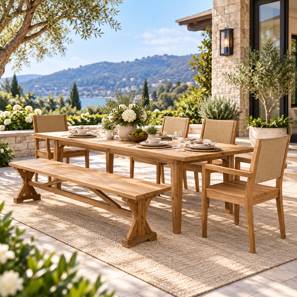 Lloyd Flanders teak dining table, 79-inch bench and Loom Back dining armchairs on a lakeside terrace