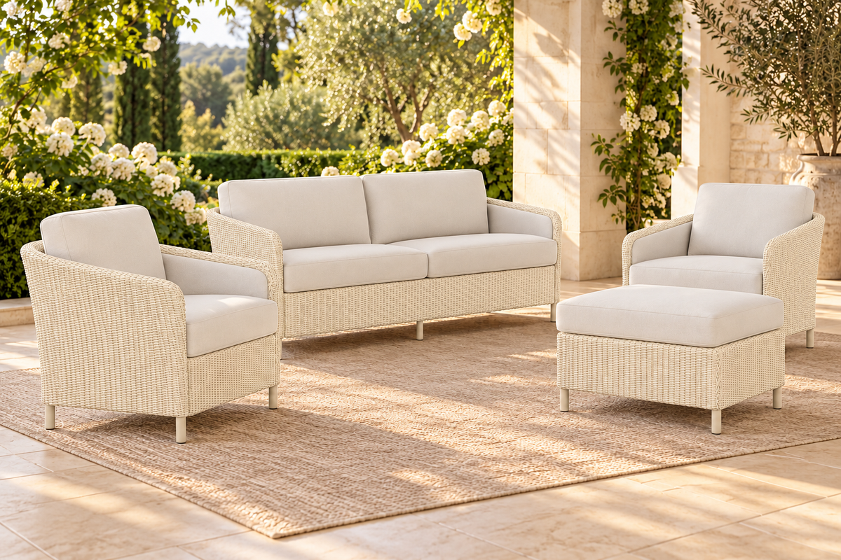 Lloyd Flanders Visions Ottoman in an AI-styled garden setting; Linen finish and Canvas Natural cushions