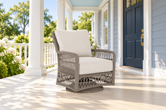 Lloyd Flanders Mackinac Swivel Glider Lounge Chair, sold individually, in an AI-styled luxurious front-porch setting.