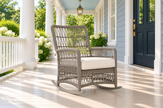 Lloyd Flanders Mackinac High Back Porch Rocker, sold individually, in an AI-styled luxurious front-porch setting.