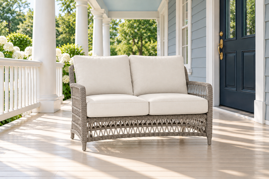 Lloyd Flanders Mackinac Loveseat, sold individually, in an AI-styled luxurious front-porch setting.