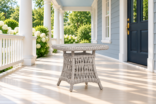 Lloyd Flanders Mackinac 25" Square End Table, sold individually, in an AI-styled luxurious front-porch setting.