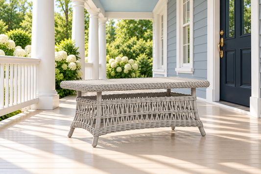 Lloyd Flanders Mackinac 44" Rectangular Cocktail Table, sold individually, in an AI-styled luxurious front-porch setting.