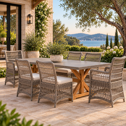 Lloyd Flanders Mackinac dining armchairs and armless chairs with a ceramic-top teak dining table on a Mediterranean terrace