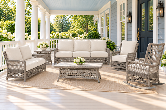 AI-styled Mackinac front-porch grouping with sofa, loveseat, high-back porch rocker, high-back swivel glider, square end table and rectangular cocktail table. Each product sold separately.