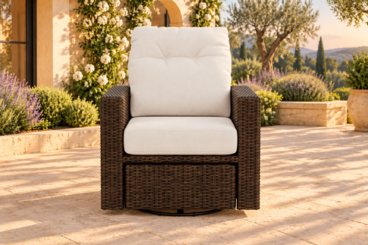 Lloyd Flanders Mesa Swivel Glider Recliner in an AI-styled garden setting. Sold individually; other items are not included.