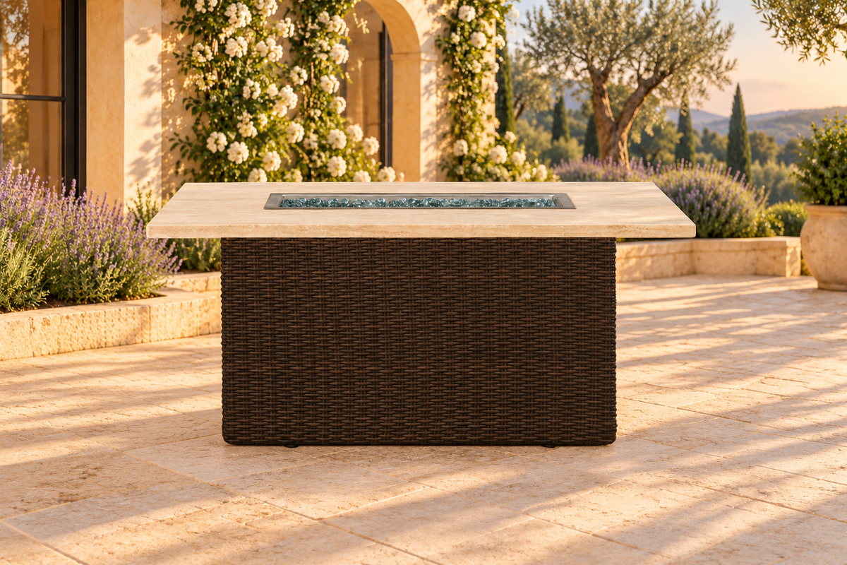 Lloyd Flanders Mesa 52" Rectangular Fire Table in an AI-styled garden setting. Sold individually; other items are not included.