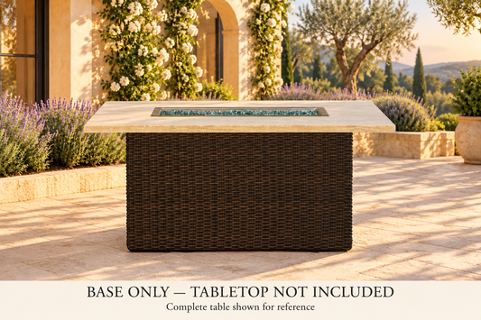 Lloyd Flanders Mesa 52" Rectangular Fire Table - Base Only in an AI-styled garden setting. Base only; pictured tabletop and other components are not included. Complete table shown for reference.