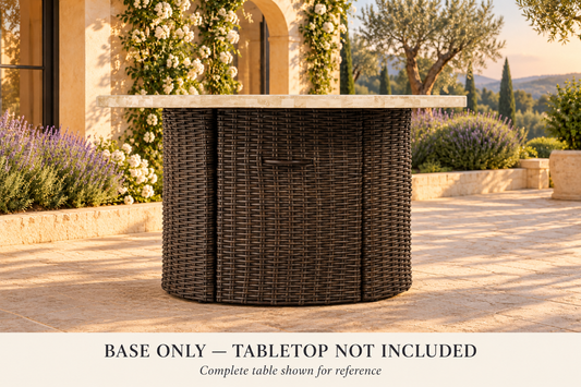 Lloyd Flanders Mesa 48" Round Fire Table - Base Only in an AI-styled garden setting. Base only; pictured tabletop and other components are not included. Complete table shown for reference.
