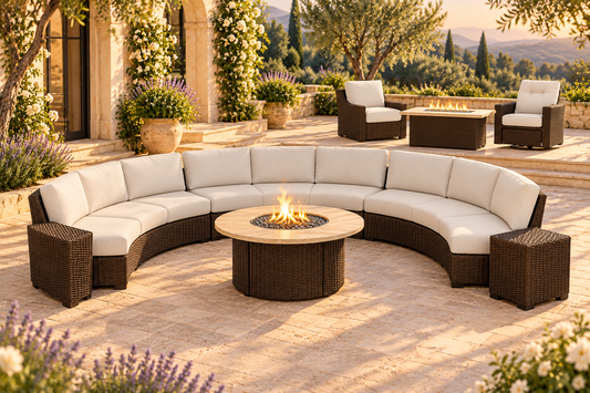 Lloyd Flanders Mesa Swivel Glider Lounge Chair shown in an AI-styled Mesa curved sectional and fire-table setting. All products and each sectional piece are sold individually.