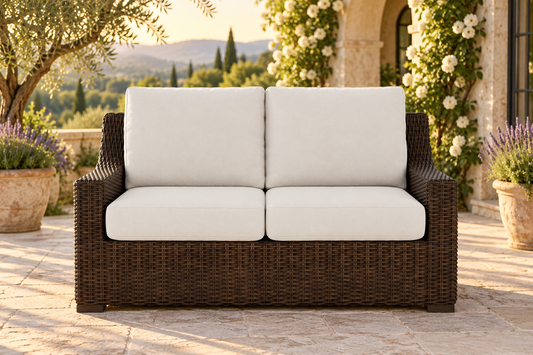 Lloyd Flanders Mesa Loveseat, sold individually, in an AI-styled garden setting with Pecan weave and Canvas Natural cushions.