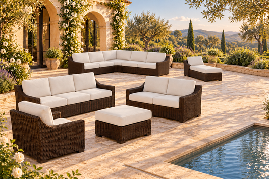 Lloyd Flanders Mesa Armless Sectional shown with the Mesa page-one seating collection in an AI-styled garden. Each piece is sold individually; other products shown are not included.