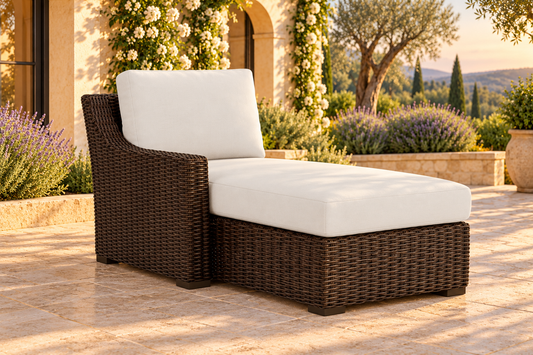 Lloyd Flanders Mesa Right Arm Chaise, sold individually as a Mesa sectional component, in an AI-styled garden setting with Pecan weave and Canvas Natural cushions.