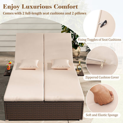 Patio Double Chaise Lounge with Cushions and Folding Side Trays