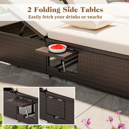 Patio Double Chaise Lounge with Cushions and Folding Side Trays