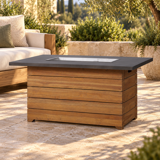 Lloyd Flanders Teak 52" Rect. Fire Table with Faux Concrete Top close-up with partially visible outdoor seating for scale