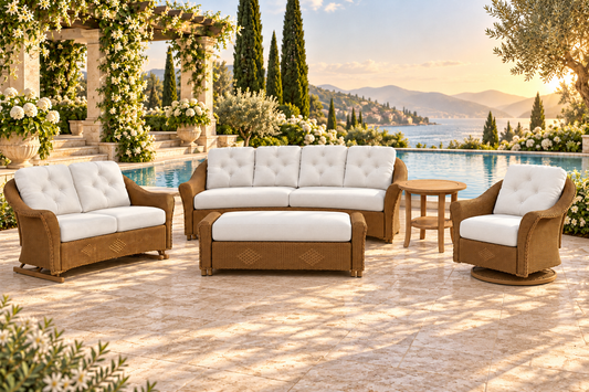 Lloyd Flanders Reflections coordinated seating with ottoman and round teak side table in a luxurious poolside retreat setting