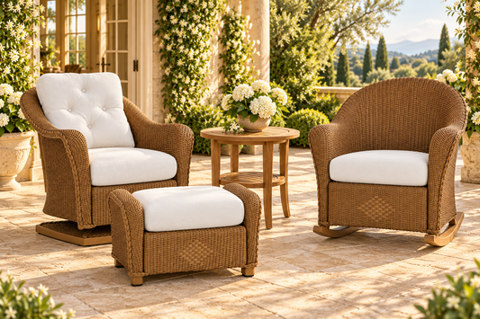 Reflections Swivel Rocker Lounge Chair, Porch Rocker and small Ottoman with round teak side table on a flowering garden terrace