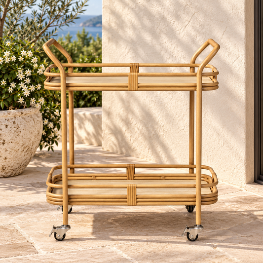 Lloyd Flanders Riviera Bar Cart on an elegant coastal villa patio