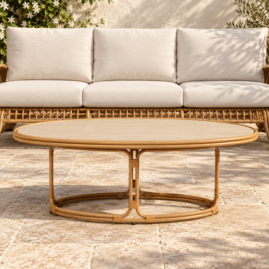 Lloyd Flanders Riviera oval coffee table centered directly in front of a matching sofa on limestone patio