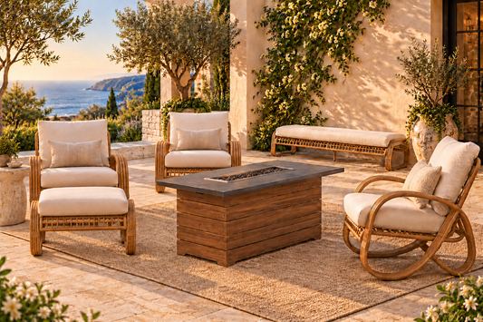 Lloyd Flanders Riviera seating collection with ottoman, garden bench and rectangular teak fire table in an elegant coastal patio setting