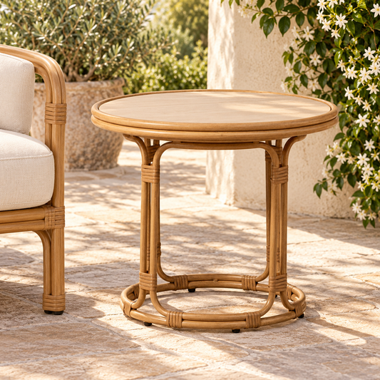 Lloyd Flanders Riviera 23.5" End Table in a coastal patio close-up with cropped seating for scale