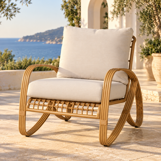 Lloyd Flanders Riviera Lounge Chair on an elegant coastal villa terrace