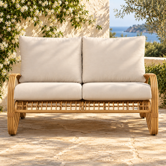 Lloyd Flanders Riviera Loveseat in an elegant coastal patio setting