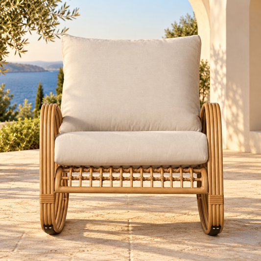 Lloyd Flanders Riviera Lounge Rocker on an elegant coastal villa terrace
