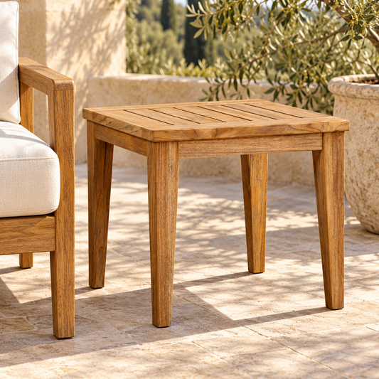Lloyd Flanders Teak 24" Square Tapered Leg End Table close-up with partially visible outdoor seating for scale